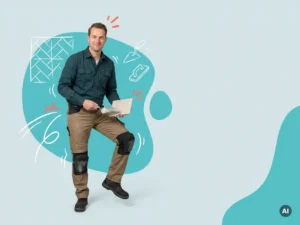Zelfverzekerde Nederlandse tegelzetter met tegel en troffel in studio, tegen blauwgrijze achtergrond met grafische accenten