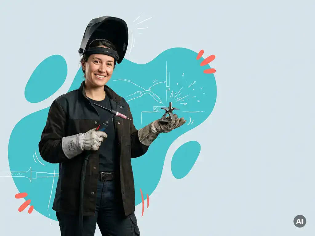 Zelfverzekerde TIG-lasser in studio met lastang en opgeklapte helm, tegen blauwgrijze achtergrond met turquoise vormen