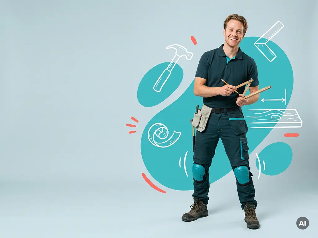 Zelfverzekerde Nederlandse timmerman met meetlat en potlood in studio, moderne werkkleding, wervingscampagne