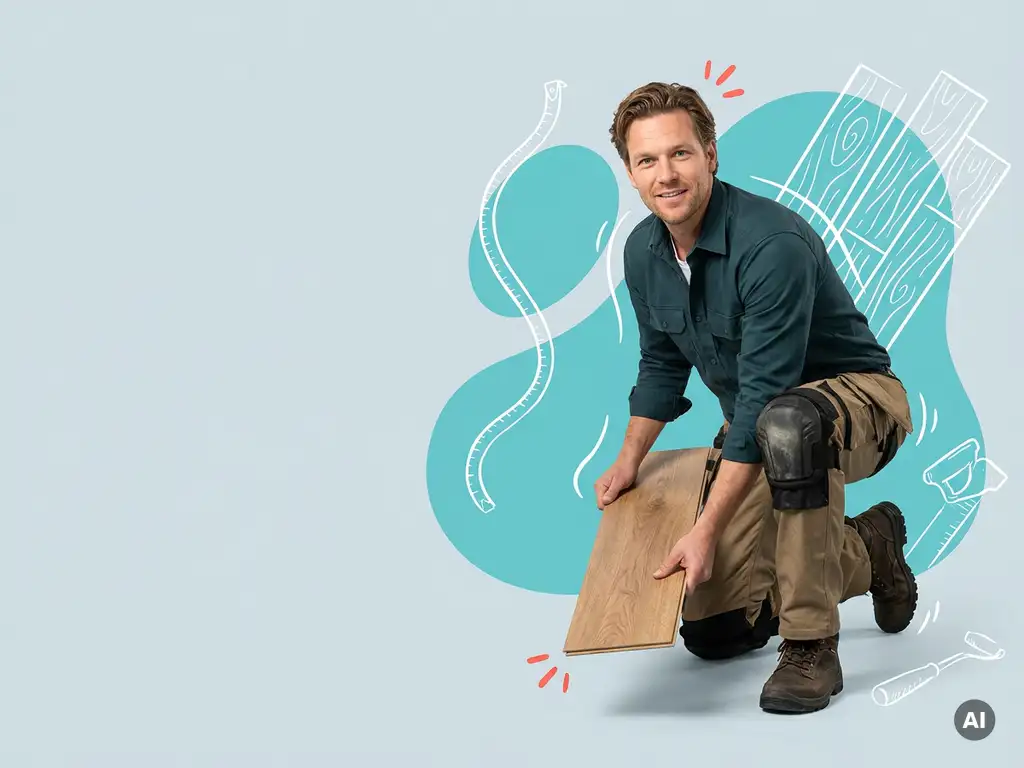 Zelfverzekerde Nederlandse vloerenlegger met houten vloerplank in studio, lichtblauwe achtergrond en copy space
