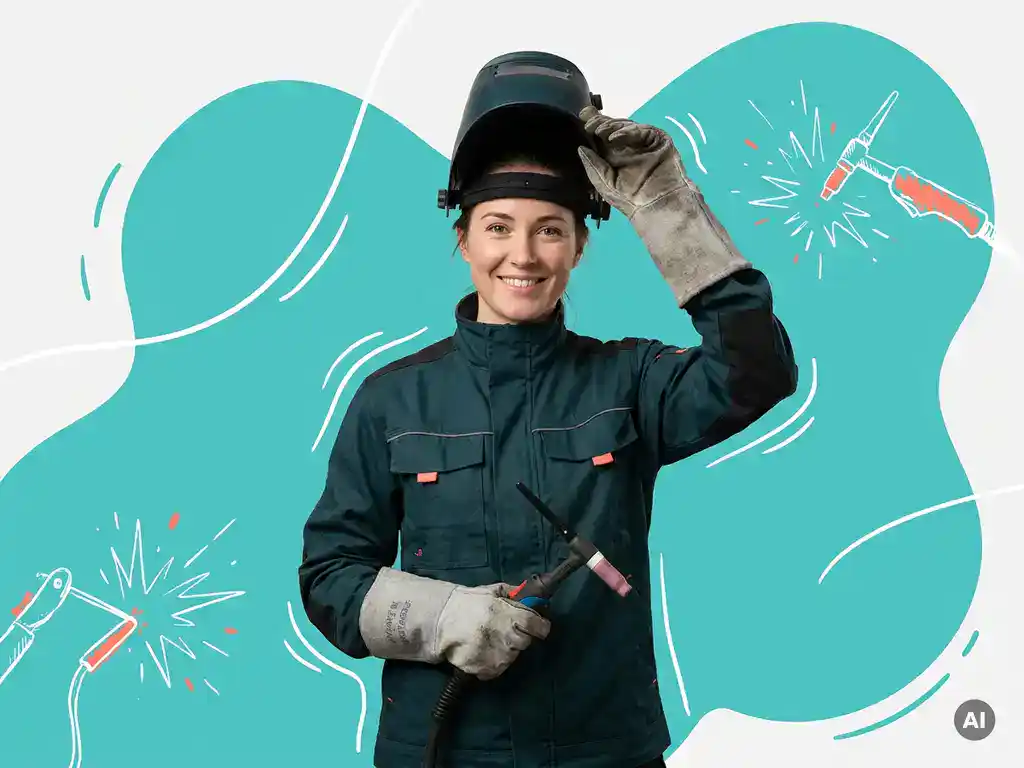Vrouwelijke lasser in professionele werkkleding met lasbrander, zelfverzekerd in studio met grafische achtergrond.