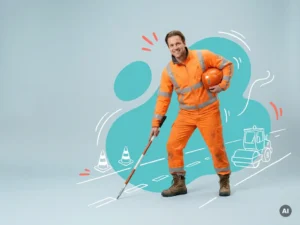 Zelfverzekerde Nederlandse wegenbouwer in oranje veiligheidskleding, wijzend in studio met ruimte voor tekst