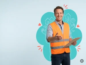 Nederlandse werkgever in veiligheidsvest met clipboard, uitnodigende pose in studio, symbool voor eerlijke arbeid en zorg