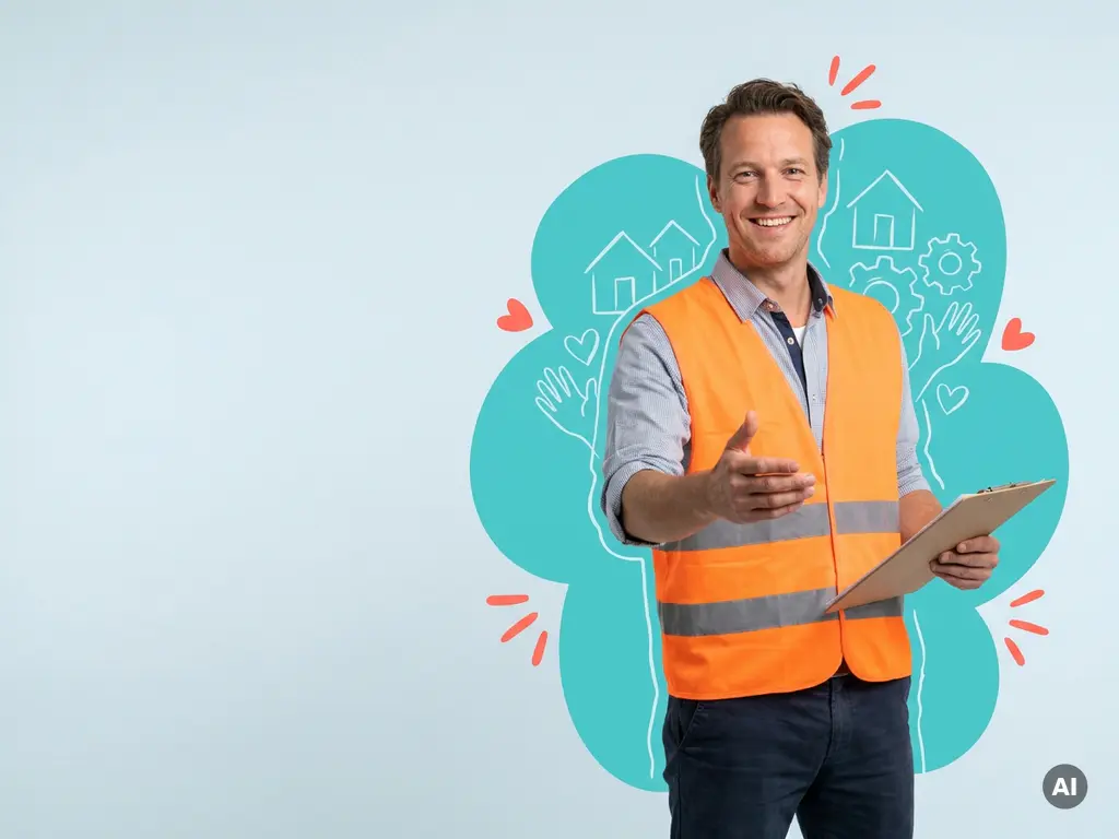 Nederlandse werkgever in veiligheidsvest met clipboard, uitnodigende pose in studio, symbool voor eerlijke arbeid en zorg