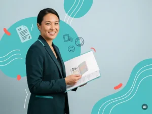 Zelfverzekerde HR-medewerker met documentenmap en ID, in studio met turquoise vormen, voor werkgeverscontrole
