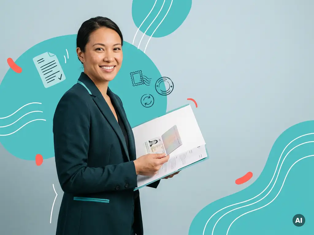 Zelfverzekerde HR-medewerker met documentenmap en ID, in studio met turquoise vormen, voor werkgeverscontrole
