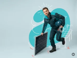 Zelfverzekerde zonnepanelenmonteur in studio, met helm en werkkleding, tegen blauwgrijze achtergrond met ruimte voor tekst